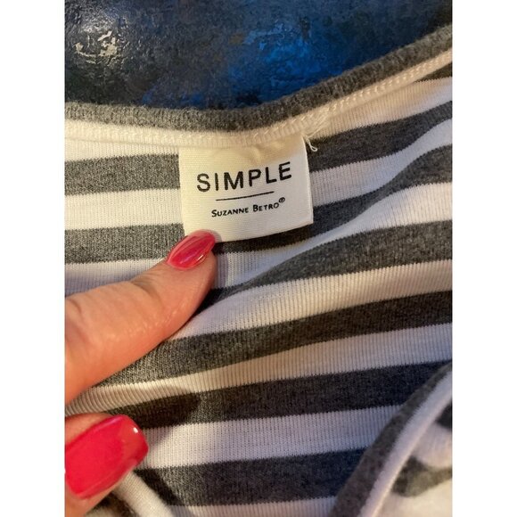SIMPLE Suzanne Betro Dark Gray White Horizontal Stripe Round Hem V Neck Top - Picture 5 of 9